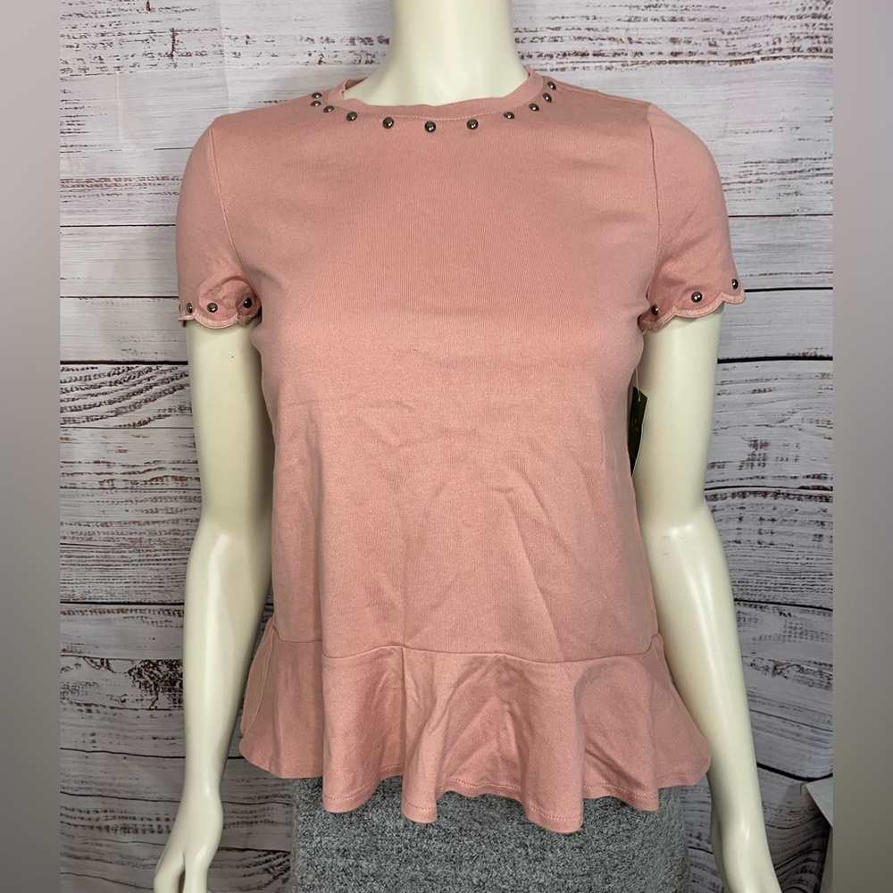 New Kate Spade Embelished silver stud Blush Pink Ruffle Sleeve Top